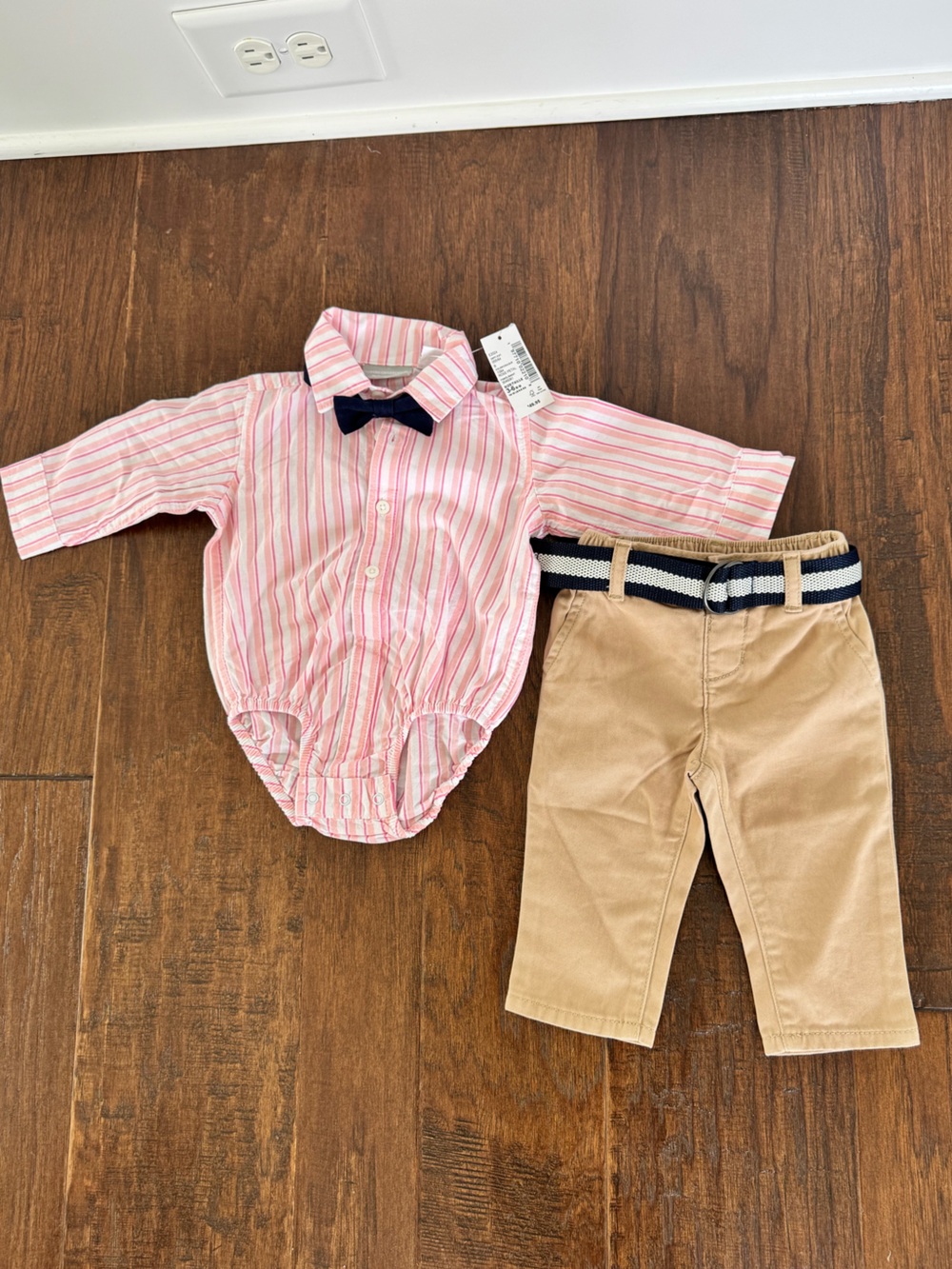 The Children's Place Pink & White Striped Button-Up Bodysuit with Navy Bow
